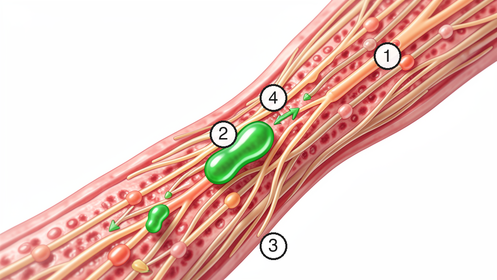 Tendon collagen fiber repair and regeneration visualization with annotated structures