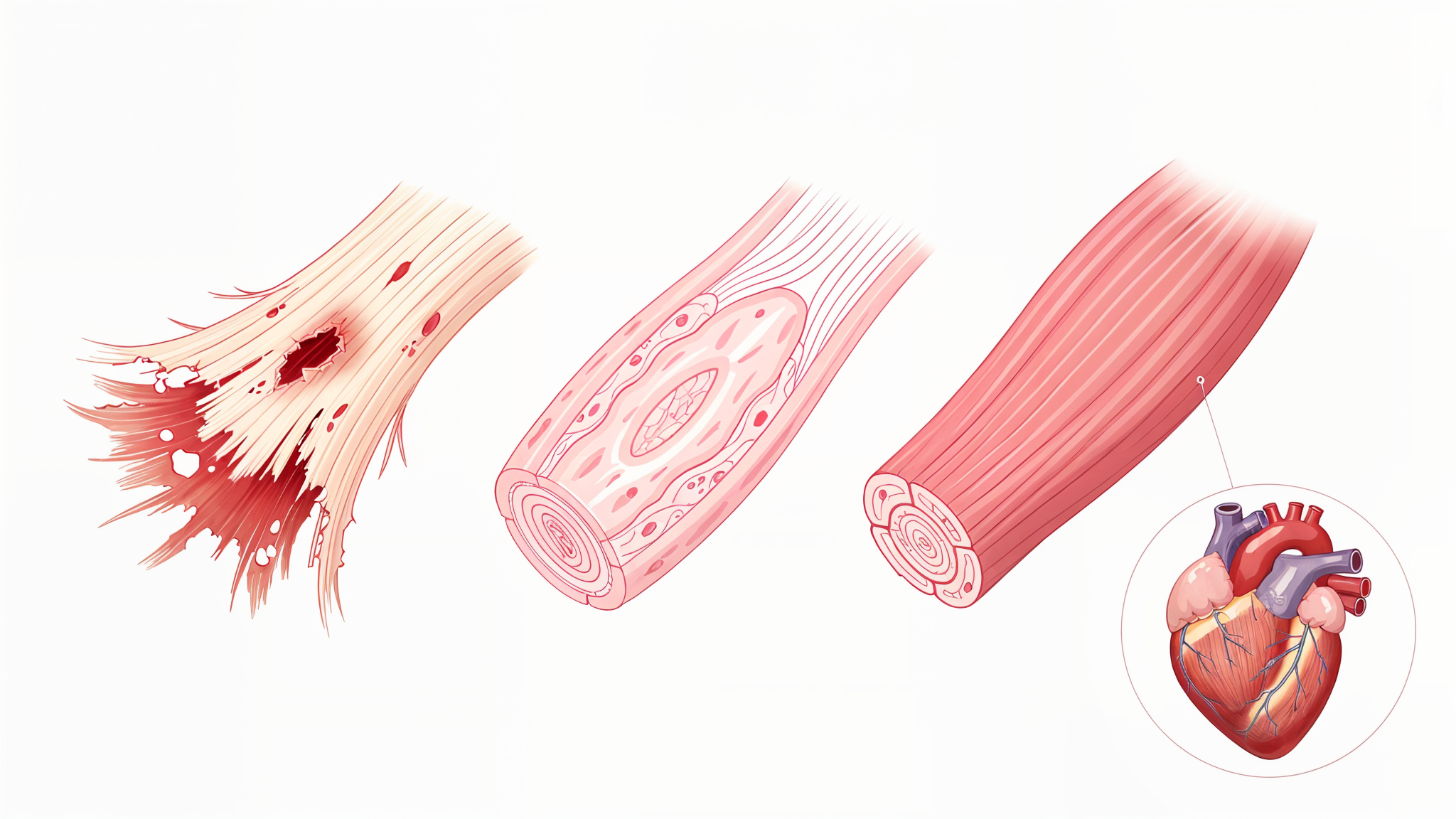 Tissue healing progression from damaged to repaired tissue with cardiac regeneration inset