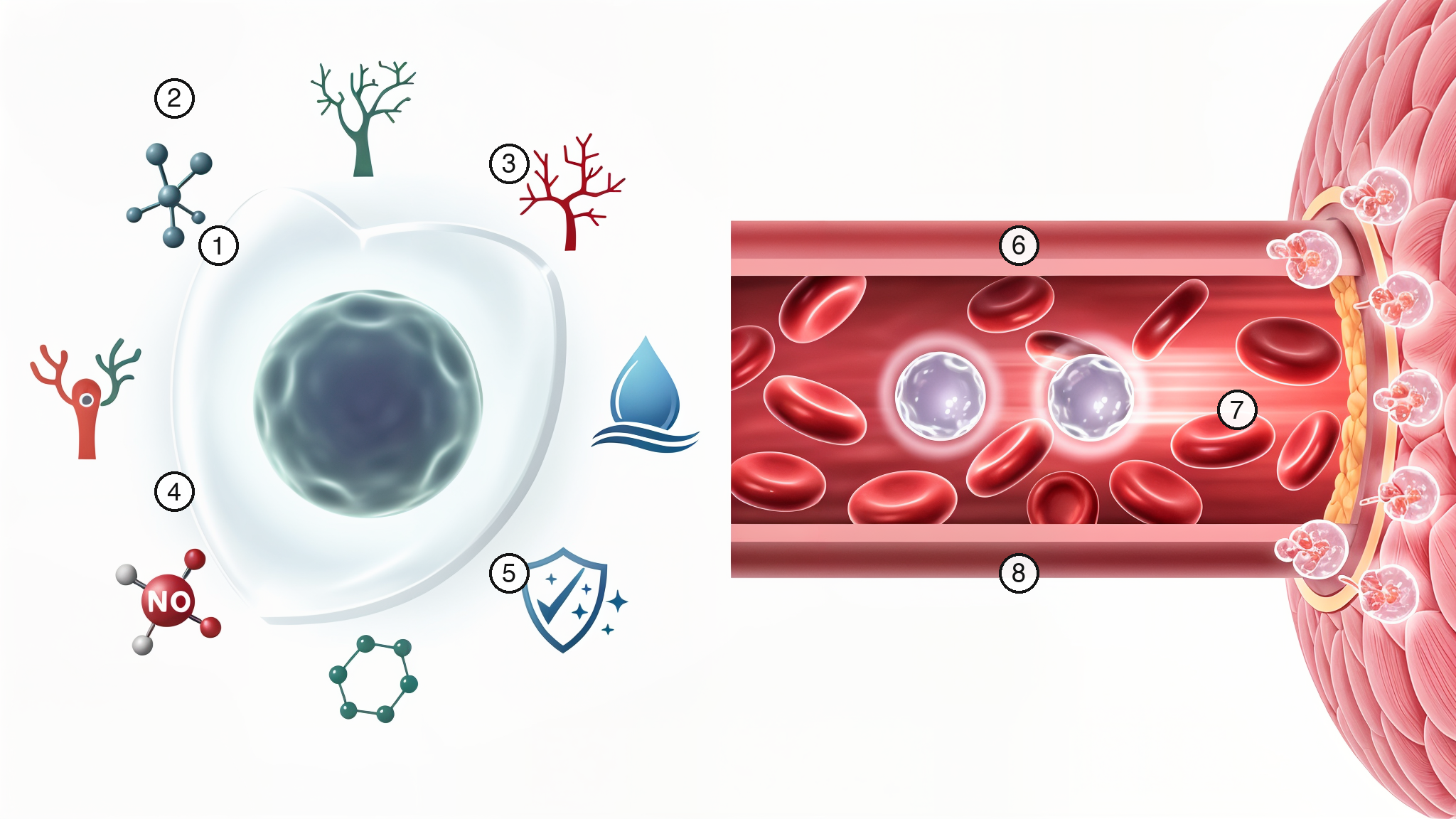 BPC-157 cytoprotection pathways versus TB-500 stem cell mobilization with numbered annotations