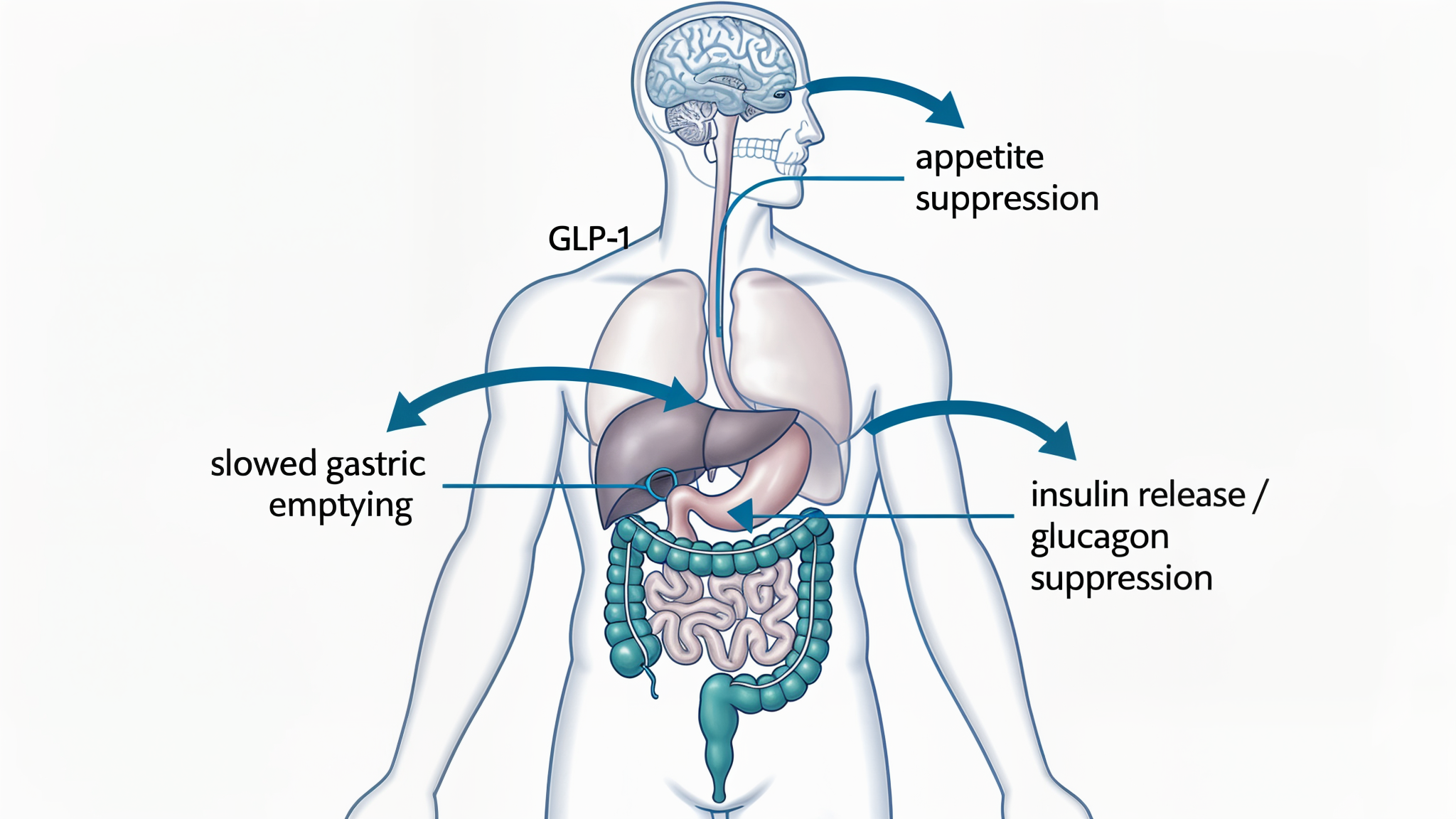 GLP-1 receptor mechanism diagram showing appetite suppression, slowed gastric emptying, and insulin release pathways