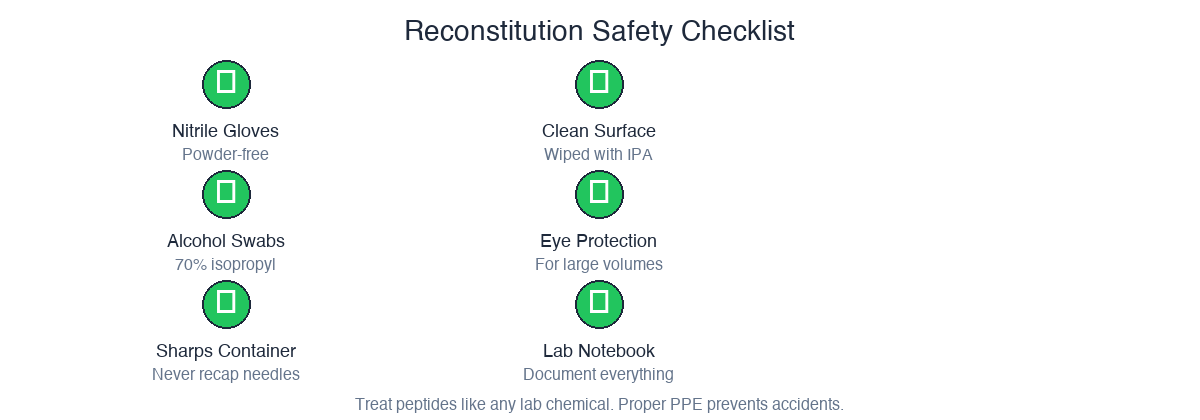 Reconstitution safety checklist: gloves, alcohol, sharps container, clean surface, eye protection, documentation