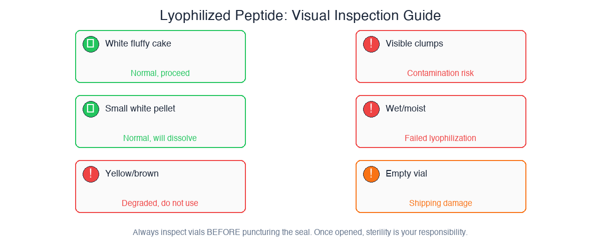 Lyophilized peptide visual inspection guide: normal vs degraded vs contaminated vials