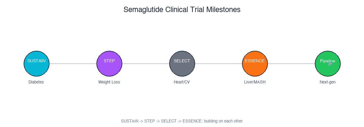 Clinical trial progression from SUSTAIN through STEP, SELECT, ESSENCE, and pipeline programs