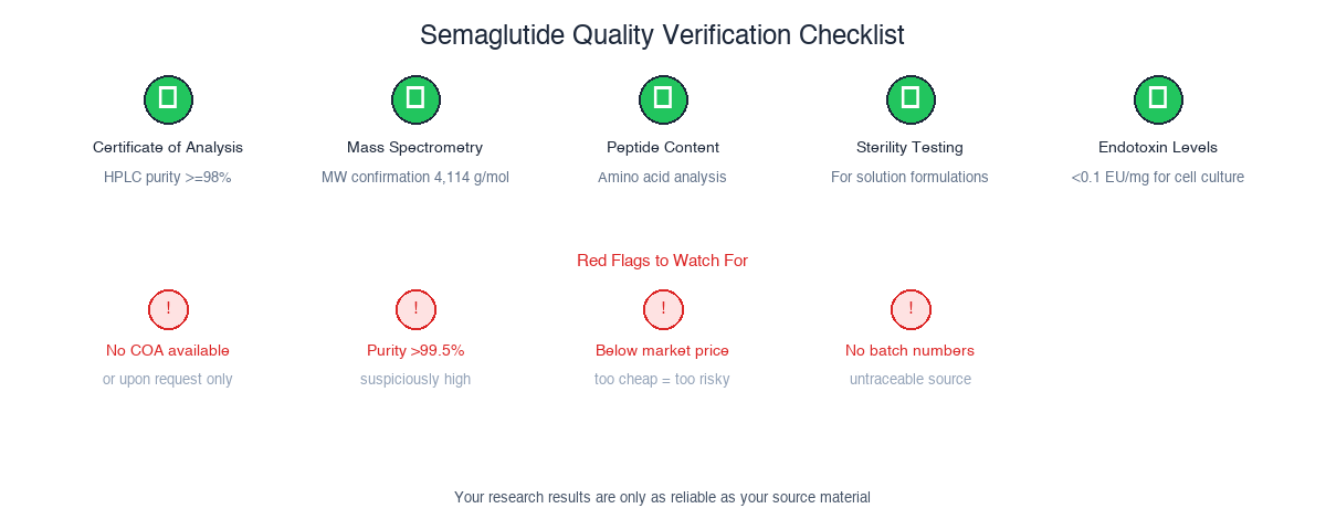 Semaglutide quality verification checklist: COA, mass spec, peptide content, sterility, endotoxin levels, plus red flags